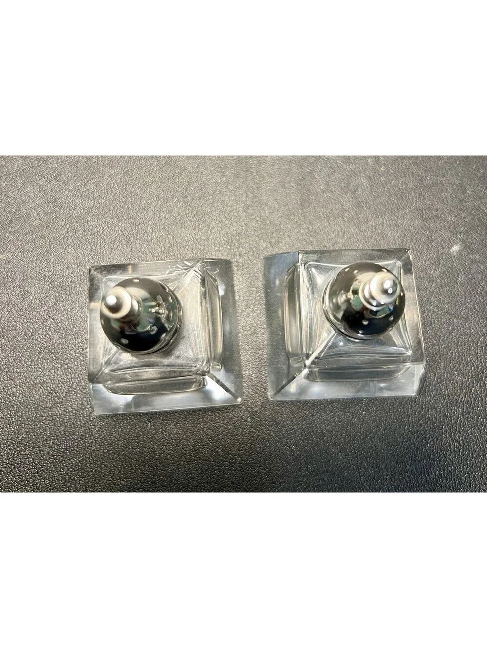 Raimond Japan 1960s Salt Pepper Shakers Square Crystal Silver Plated Lids, 2x3”
